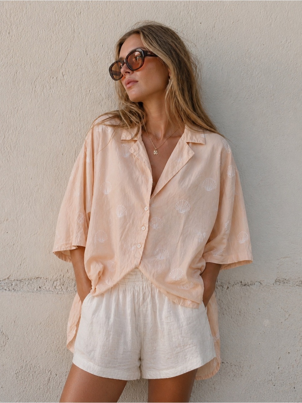 Zulu & Zephyr Peach Shell-Print Button-Down Oversized Shirt size XS
